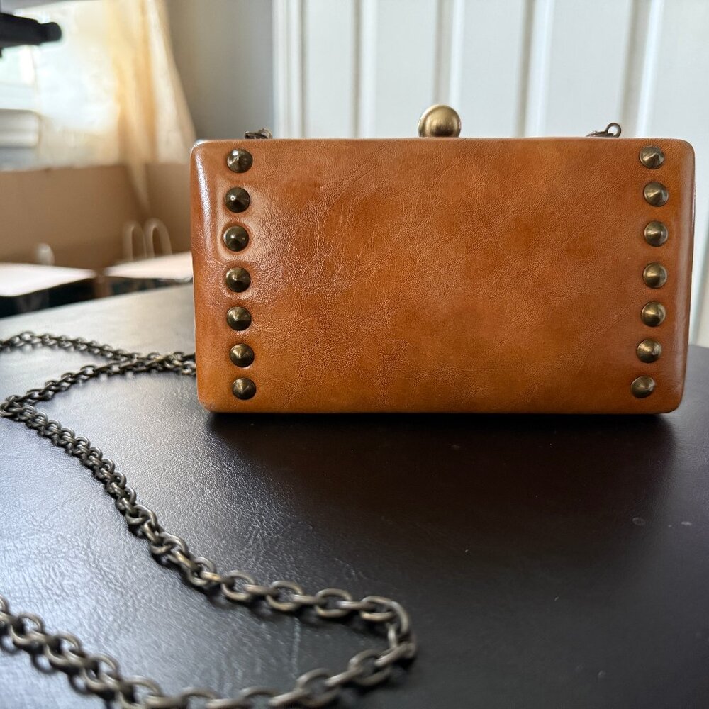 B.M.C. | Small Leather cross-body/clutch; brass studs; hard-sided; rectangular